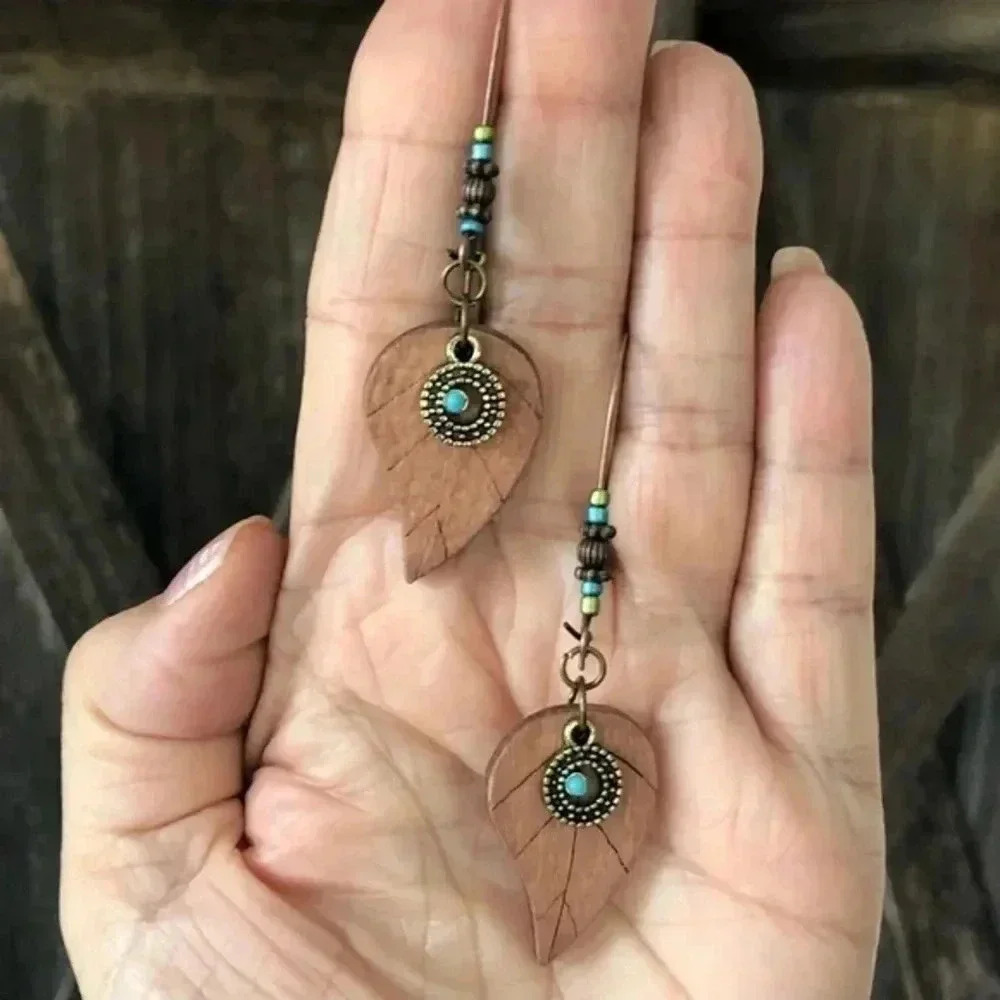 Wood Turquoise Copper Filigree Beaded Earrings NWT